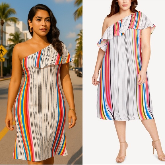 RACHEL ROY Rainbow Stripe Asymmetric Ruffle 1 Shoulder Sleeveless Midi Dress 3X - Picture 1 of 6